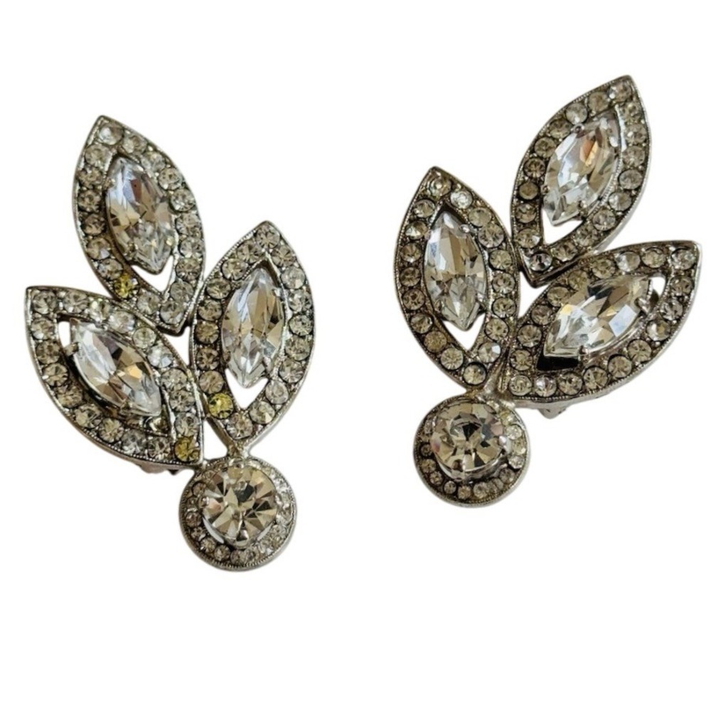 VTG Earrings Large clip Floral Statement Rhinestone Art Deco Silver Jeweled rare